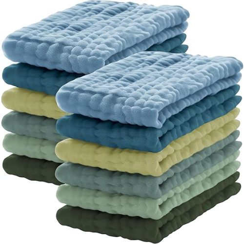 Lovely Care 12 Pack Muslin Burp Cloths 100% Cotton Muslin Cloths Large 20''x10'' Extra Soft and Absorbent Baby Burping Cloth - Sage, Teal and Blue