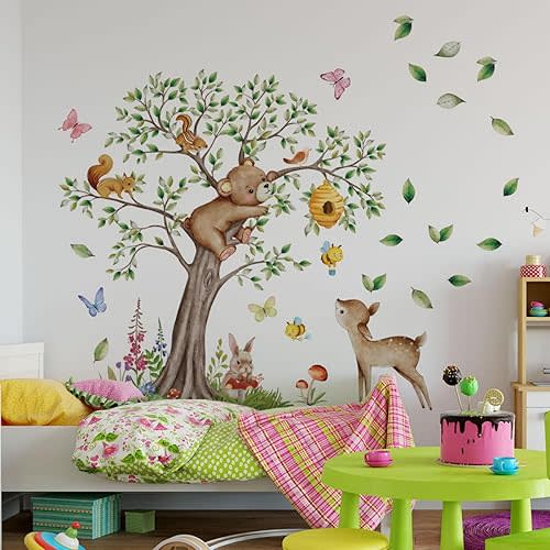 Woodland Forest Tree Wall Decals, Nursery Tree with Bear Deer Animals Wall Stickers for Nursery Kids Bedroom Wall Decor, 57.48x53.54 inches