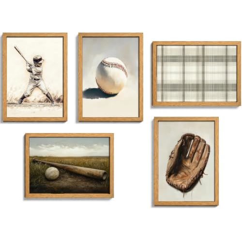 guajunsanh 5Pcs Vintage Baseball Wall Art Set, Retro Sports Themed Canvas Print Posters, Sports Wall Decor for Boys Bedroom Kids Room & Sports Theme Nursery Decor, 8x10 Inch Unframed
