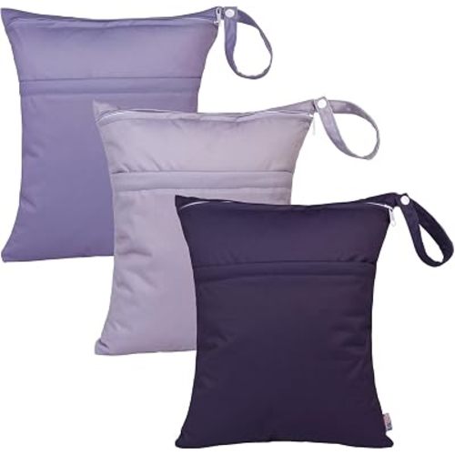 ALVA 3 Pack Wet Dry Bags for Cloth Diapers, Swimsuits & Gym Clothes, Waterproof Reusable Baby Diaper Bag with 2-Zippered Compartments, Hanging Strap, Machine Washable, Medium for Dayca