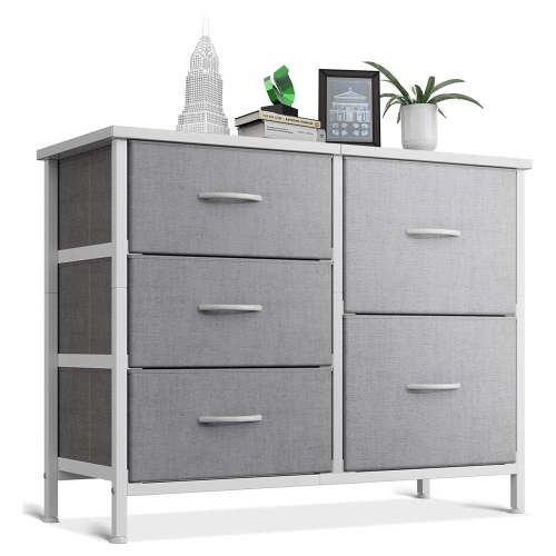 ACCVER 5-Drawer Fabric Dresser with Wood Top & Metal Frame, Closet and Chest for Bedroom, Clothes Storage Organizer, for Living Room, Apartment,Grey