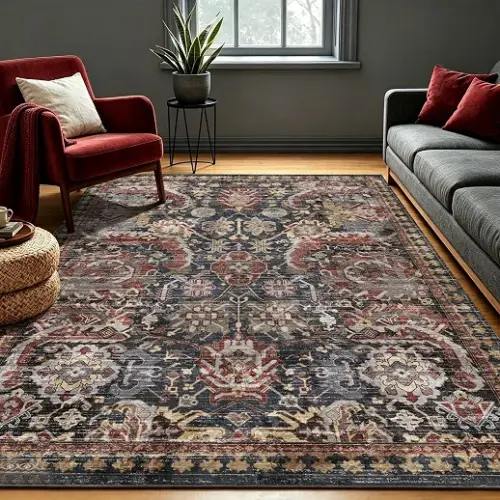 RUGSURE Washable Area Rugs - Perfect for Living Room, Bedroom, Kids Room, Nursery - Stain & Water Resistant Non-Slip, Pet & Child Friendly, Vintage Tribal Area Rugs (Rust, 5' x 7')