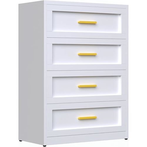 Metal Drawer Dresser for Bedroom, Tall Bedroom Dresser with Large Drawer & Golden Handles,Metal Storage Organizer Cabinet Chest of Drawer for Closet (White, 4Drawer)