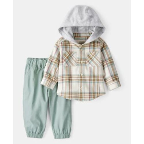Baby Boys Cotton Hooded Plaid Long-Sleeve T-Shirt & Pants, 2 Piece Set