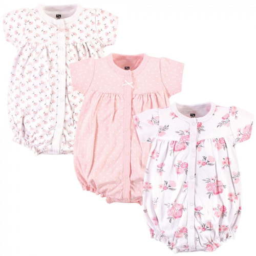 Hudson Baby Infant Girl Cotton Rompers 3pk, Pink Floral, 12-18 Months