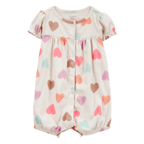 Baby Girl Heart Print Ribbed Short-Sleeve Romper - Tan - Carter's | Carter's