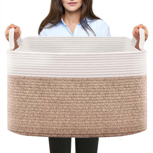 VeluraHome 50L Large Blanket Basket,Rectangle Storage Baskets for Storage,Cotton Rope Woven Storage Basket