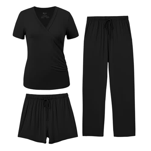 PATPAT 3-Piece Maternity Nursing Pajamas, Pregnancy to Postpartum Breastfeeding Pjs with Pockets, Soft Sleepwear, S-XXL