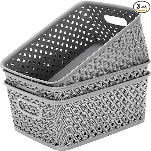 MaxGear Organization and Storage 3 Packs, Plastic Bins Organizer Bins, Woven Baskets for Storage, Plastic Baskets with Handles, Grey Basket for Organizing, Basket Organizer for Home and Office, Medium