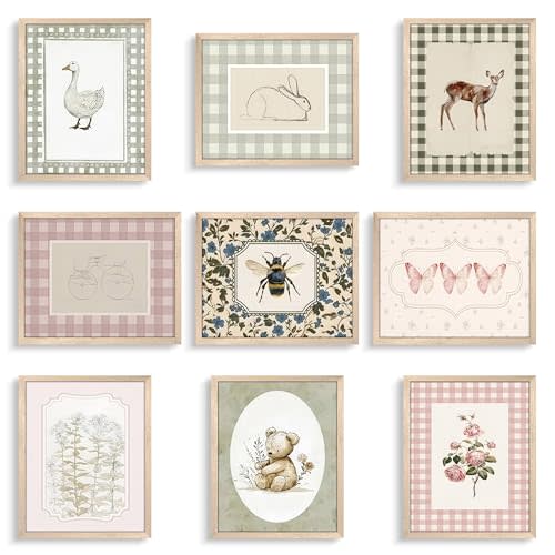 wanyun Vintage Nursery Animal Wall Art Set of 9, Cute Forest Animal Canvas Prints Poster, Rustic Cottage Farm Nursery Wall Decor Painting for Baby Kids Room Playroom, 8x10 Inch Unframed