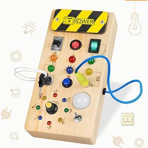 Montessori Busy Board for Toddlers 1-3, Wooden Sensory Toys with LED Light Switches for 1+ Year Old Baby Kids Learning Toys for Autism Birthday Gifts for 2-4 Year Old Boys Girls