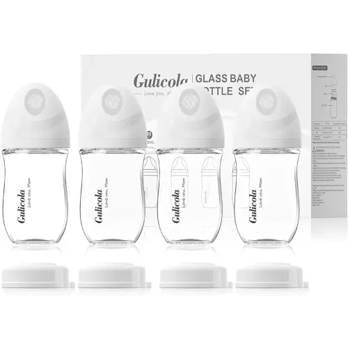 Natural Glass Baby Bottle 4 Pack, Newborn Breastfeeding Bottles Set, Extra Slow Flow Nipples (SS), Anti Colic, 0 Months+, 5 oz - White