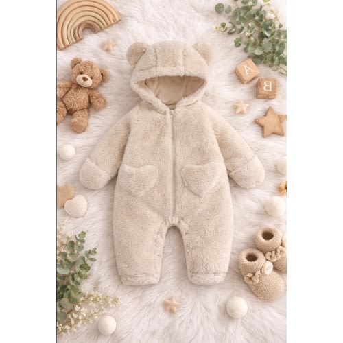 Teddy Bear Hooded Baby Jumpsuit with Ears Cozy Plush Outfit for Newborns,