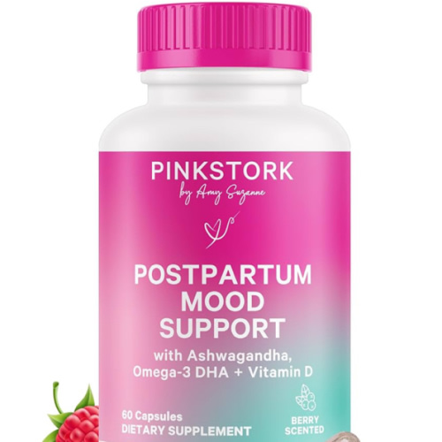 Pink Stork Postpartum Mood Support - Postnatal Hormone Balance for Women - Breastfeeding Friendly - Stress & Cognitive Support, New Mom Essentials - Ashwagandha, Chamomile, & Vitamin D, 60 Capsules