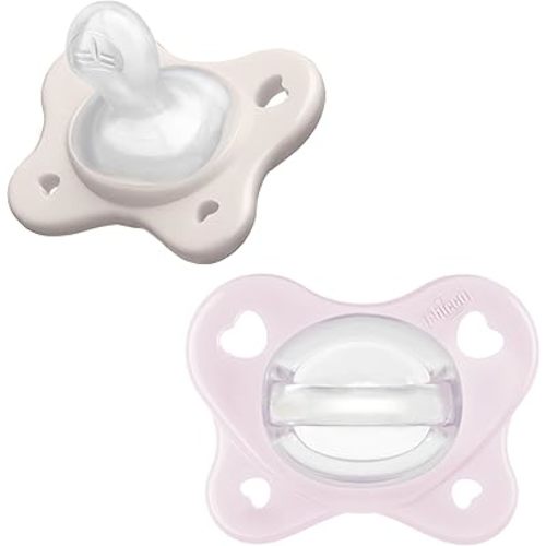 Chicco PhysioForma Dual Soft Orthodontic Pacifier for Babies 2-6 Months, 100% Soft Silicone, Supports Breathing, One-Piece Design, Included Sterilizing Case, BPA Free, 2-Pack, Pearl/Sky