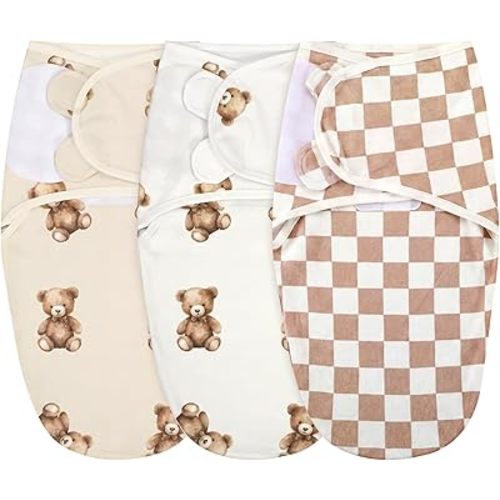 Oudain 3 Pcs Bear Checkered Swaddles for Newborns Organic Cotton Adjustable Swaddles 0-3 Months Newborn Gift Breathable Soft Nursery Swaddling Blankets for Baby Boy Girl