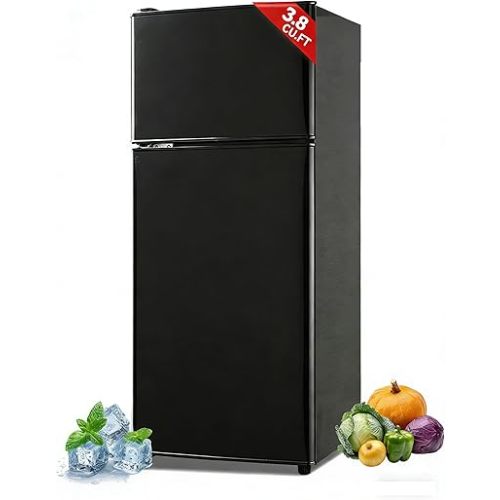 KRIB BLING Refrigerator with Freezer 3.8 Cu.Ft with 7 Level Adjustable Thermostat Control 2 Door Lock Fresh Energy Saving Top-Freezer Compact Refrigerator Black