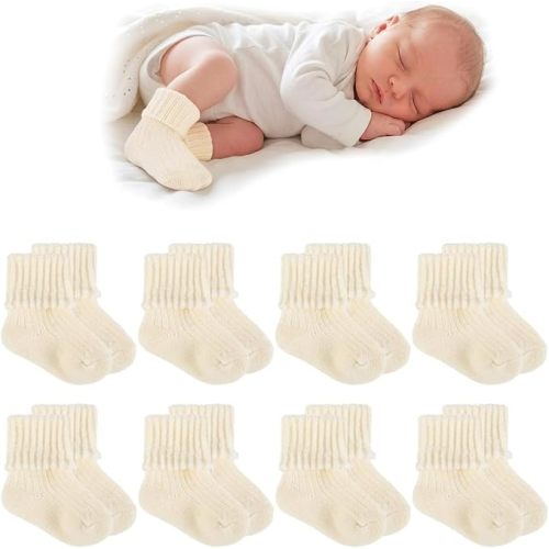 8 Pairs Baby Girl Socks Newborn & Preemie, Wool Blend Turn Cuff Infant Socks for NICU Hospital
