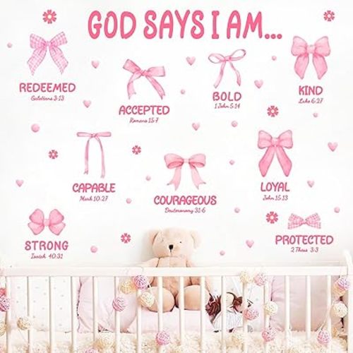 Watercolor Pink Baby Girls Wall Decals Pink Bows Wall Stickers Positive Girl Bedroom Walls Sticker Peel and Stick Self Affirmations Kids Inspirational Walls Decal for Nursery Playroom Daycare Decors