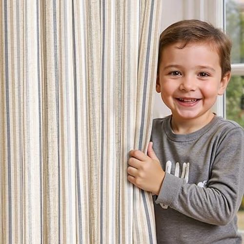 jinchan Linen Curtains 84 inch Blue Stripe for Kids Room Grommet 2 Panels