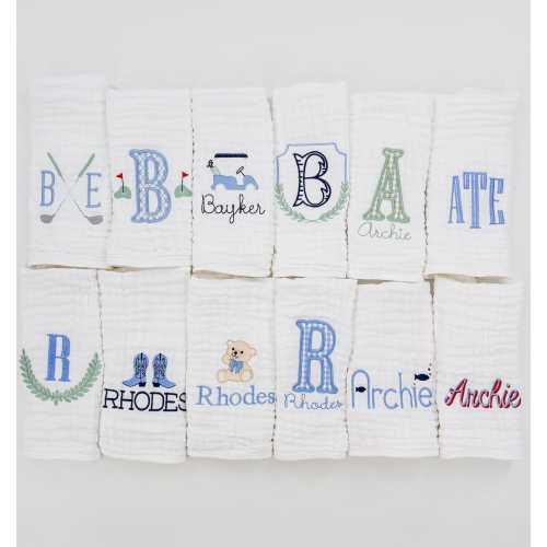 Baby Boy Custom Embroidered Muslin Burp Cloths & Bibs for newborn | Baby Shower Gift | Monogram and Name Personalization