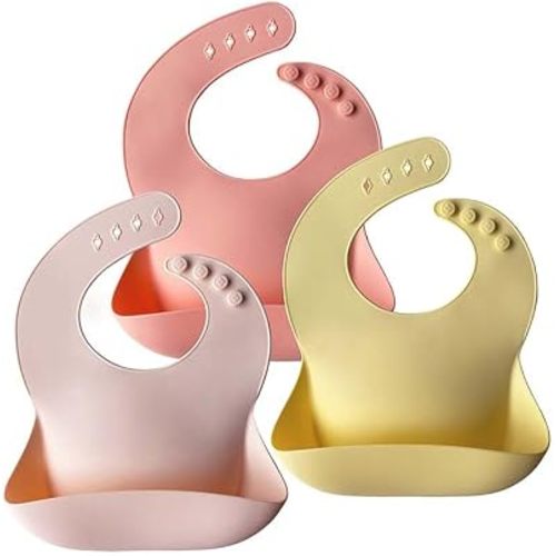 Moonkie Silicone Baby Bibs Set of 3, BPA Free Waterproof Baby Bibs for Eating, Adjustable Silicone Bibs for Babies 6-12 Months, Toddler Bibs with Pocket Food Catcher (Pink/Pastel Yellow/Soft Pink)