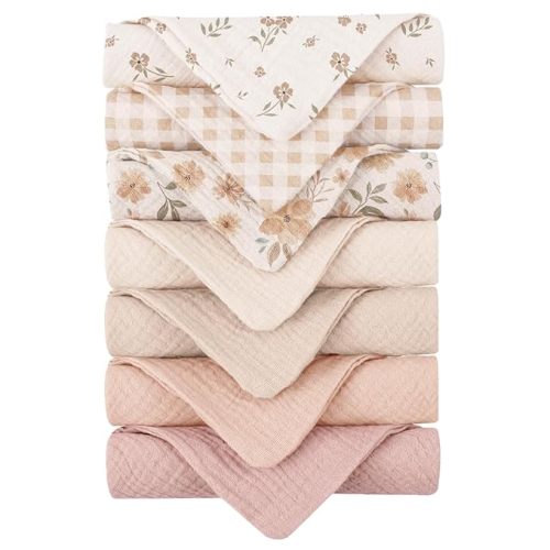 Konssy Baby Muslin Washcloths 7-Pack, 100% Cotton Baby Bath Washcloths, Soft & Absorbent Wash Cloths and Burp Cloths for Newborn Kids Girls & Boys, 11x11 inches