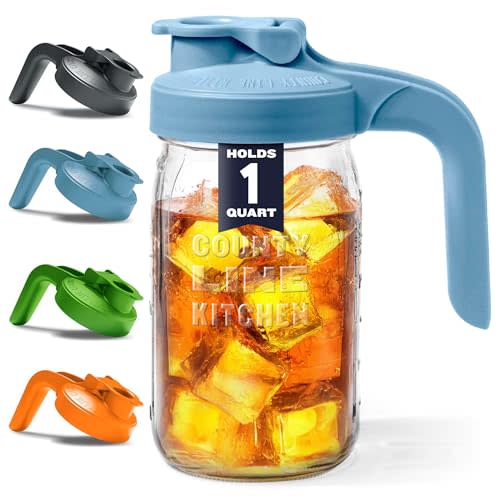 County Line Kitchen Glass Mason Jar Pitcher with Lid - Wide Mouth, 1 Quart (32 oz) - Heavy Duty, Leak Proof - Sun & Iced Tea Pitcher, Cold Brew Coffee, Breast Milk Storage, Water - Sky Blue