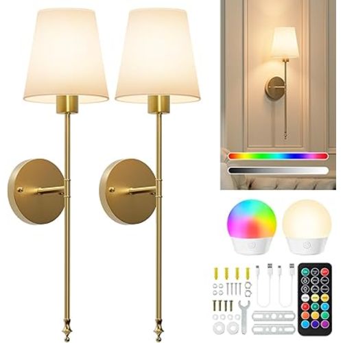 Brightown Battery Operated Wall Sconces Set of Two, RGBWW Wireless Rechargeable Wall Lights with Dimmable Magnetic Bulbs and Remote, Gold Wall Lamp for Living Room Bedroom Hallway Decor