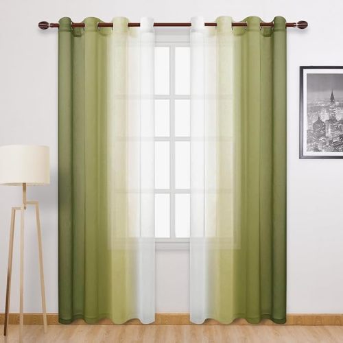 DWCN Faux Linen Ombre Sheer Curtains - Gradient Semi Voile Bedroom and Living Room Curtains, Set of 2 Grommet Top Window Curtain Panels, 52 x 84 Inches Long, Olive Green