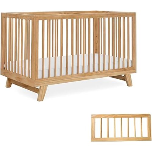 3-in-1 Astin Convertible Baby Crib - Including Toddler Guard Rail, Grows with Your Baby, Converts to Toddler Bed & Day Bed, 4 Adjustable Support Base Height | Natural with Guard Rail