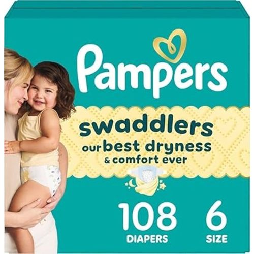 Pampers Swaddlers Diapers, Size 6 (23-44 lbs), 108 Count, Hypoallergenic, Absorbent, Keeps Baby Dry and Comfortable, Skin Safe Disposable Baby Diaper