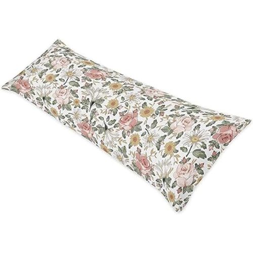 Sweet Jojo Designs Vintage Floral Boho Body Pillow Case Cover (Pillow Not Included) - Blush Pink, Yellow, Green and White Shabby Chic Rose Flower Farmhouse