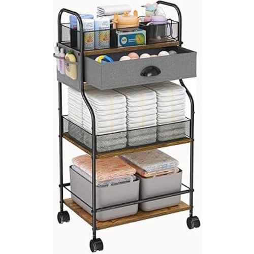 3-Tier Baby Diaper Caddy Cart Organizer with Drawer,Rolling Utility Cart & Bedside Nursery Essential Storage for Newborn Baby Stuff, 2+1 Divider, Baby Storage Organizer for Bedroom,Changing Table,Grib