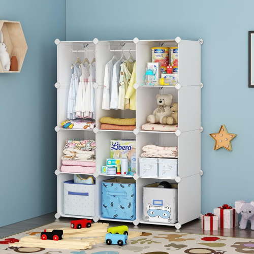 Baby Closet,Dresser, Kids Closet Organizers, Portable Kids Wardrobe for Closet, Bedroom, Nursery, Cubby, Cabinet, Clothes, Dress, Baby Storage Shelf, Armoire Clothes Hanging (12 Cube, White)