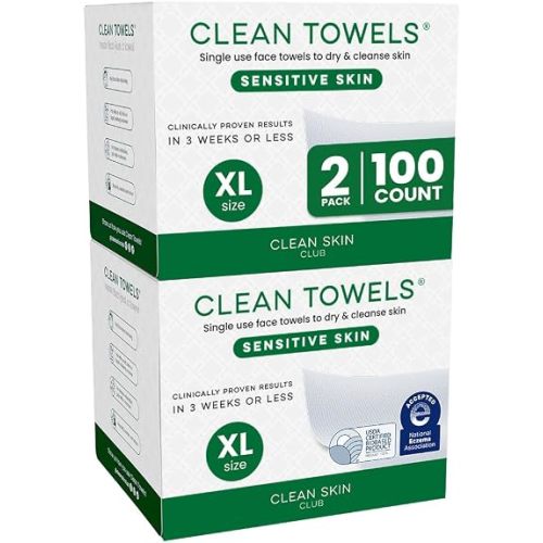 CLEAN SKIN CLUB Sensitive Skin Clean Towels® XL, Ultra-Soft Disposable Face Dry Wipes Infused with Aloe & Glycerin, XL - 2 Pack (100 count)