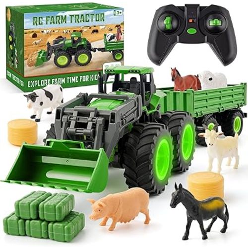 Remote Control Tractor Toy Set with Trailer & Farm Accessories, Light Up Farm Truck Toys for Boys & Girls 3, 4, 5, 6, 7 Year Old, 2.4 Ghz RC Tractor Toys, Ideal Christmas, Birthday Gifts for Kids