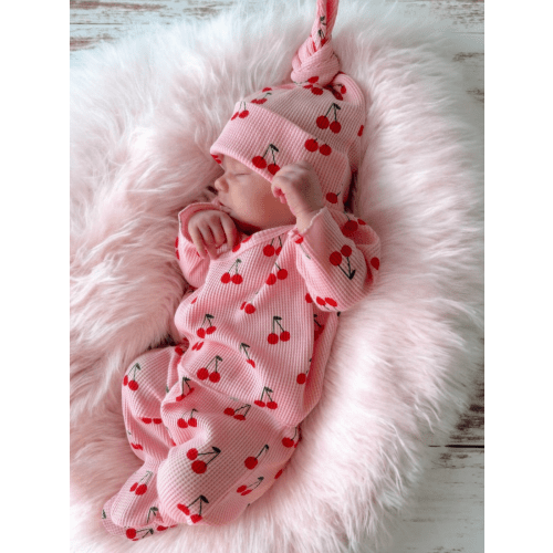 Organic Waffle Kimono & Pant Set, Pink Cherries