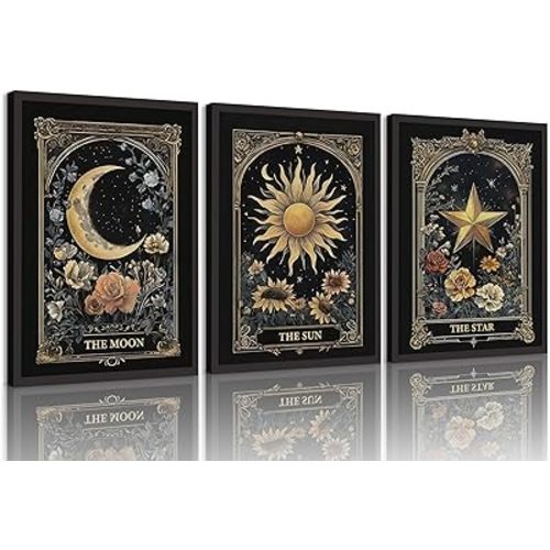 3Pcs Vintage Tarot Celestial Wall Art Sun Moon Stars Wall Decor Pictures Gothic Dark Aesthetic Flower Canvas Posters Prints for Living Room Bedroom Home Decoration 16x24in Unframed