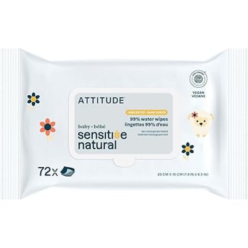 ATTITUDE Baby Wipes Unscented, For Sensitive Skin with Oat, Natural Origin, Dermatollogically Tested​, For Babies, Toddlers & Kids, Chamomile Extract, EWG Verified​, 72 Count