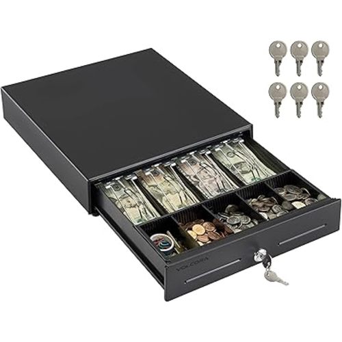Volcora 13" Electronic Cash Register Drawer for Point of Sale (POS) System with 4 Bill 5 Coin Cash Tray, Removable Coin Compartment, 12-24V, RJ11/RJ12 Key-Lock, Black - for Small Businesses