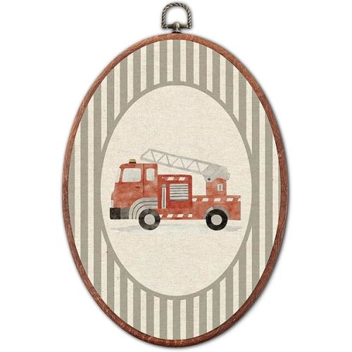 Vintage Fire Truck Nursery Oval Wall Art Framed, Vehicles Framed Canvas