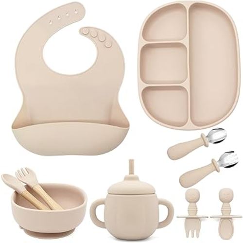 Skylarq Silicone Baby Feeding Set - Suction Plate Baby, Suction Bowl, Baby Bib, Toddler Sippy Cup & 3 Spoons 3 Forks Set - Baby Led Weaning Supplies, 100% BPA Free, Baby Plates and Utensils Set