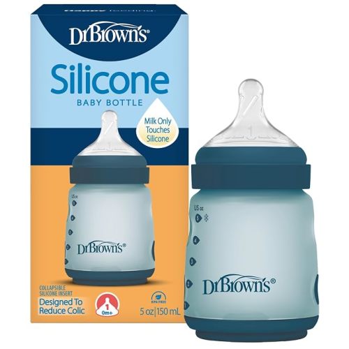 Dr. Brown's Silicone Baby Bottle with Collapsible Insert Designed to Reduce Colic, 5 oz with Wide-Neck Level 1 Slow Flow Nipple, BPA-Free, 0m+, Blue, 1-Pack