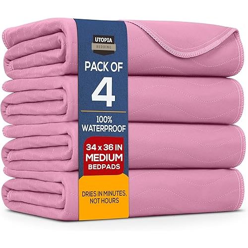 Utopia Bedding Washable Underpads 34" x 36" (Pack of 4), Waterproof Reusable Heavy Absorbency Incontinence Bed Pads for Adults, Kids, Elderly and Pets, Bedwetting Pads for Sofa and Couch (Pink)