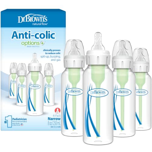 Dr. Brown's Anti-Colic Options+ Narrow Baby Bottle, 8 oz, 4-Pack | Clinically proven to reduce colic, bottles with Level 1 slow flow nipple, 0m+, BPA-free