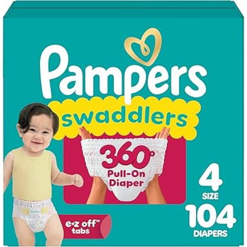 Pampers Diapers - Swaddlers 360° - Size 4, 104 Count, up to 100% Leakproof Comfy Dry Fit, Designed for Easy Changes, Pull On Baby Diaper (Packaging May Vary)