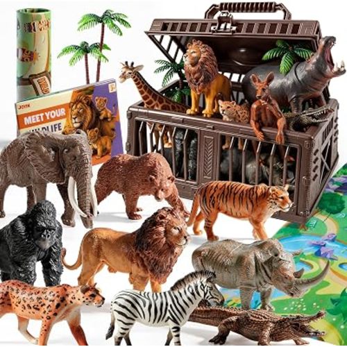 JOYIN Wild Animal Toys for Kids 3-5, 17 PCS Toy Animals Figurines with Activity Play Mat & Storage Cage & Educational Book, Safari Animals Figures for Toddler, Birthday Gifts for Boys and Girls