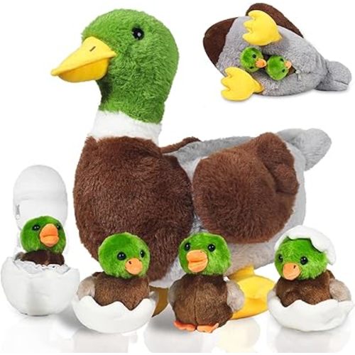 7 Pcs Mallard Duck Stuffed Animals Plush Toys, 12“ Zippered Mommy Stuffed Duck with 4 Baby Ducklings and Eggs for Kids Birthday Valentines Day Easter Christmas Farm Party Decor