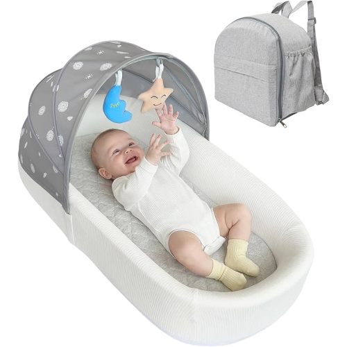 Portable Newborn Nest Lounger with Canopy & Mosquito Net-Lightweight Foldable Newborn Play Support & pad and Washable Cover, Indoor-Outdoor Use (Grey) | 5-in-1 Baby lounger